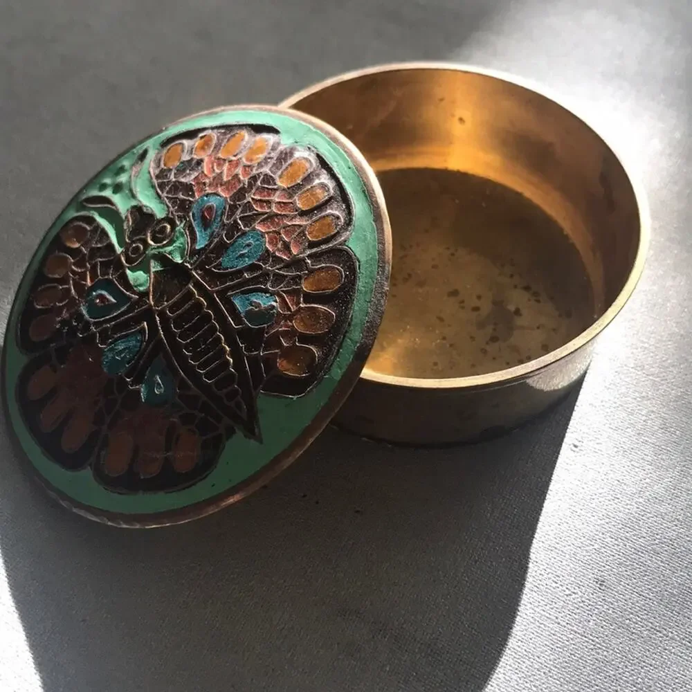 Vintage Brass Ring Box with Moth or Butterfly in Orange and Mint Green Enamel